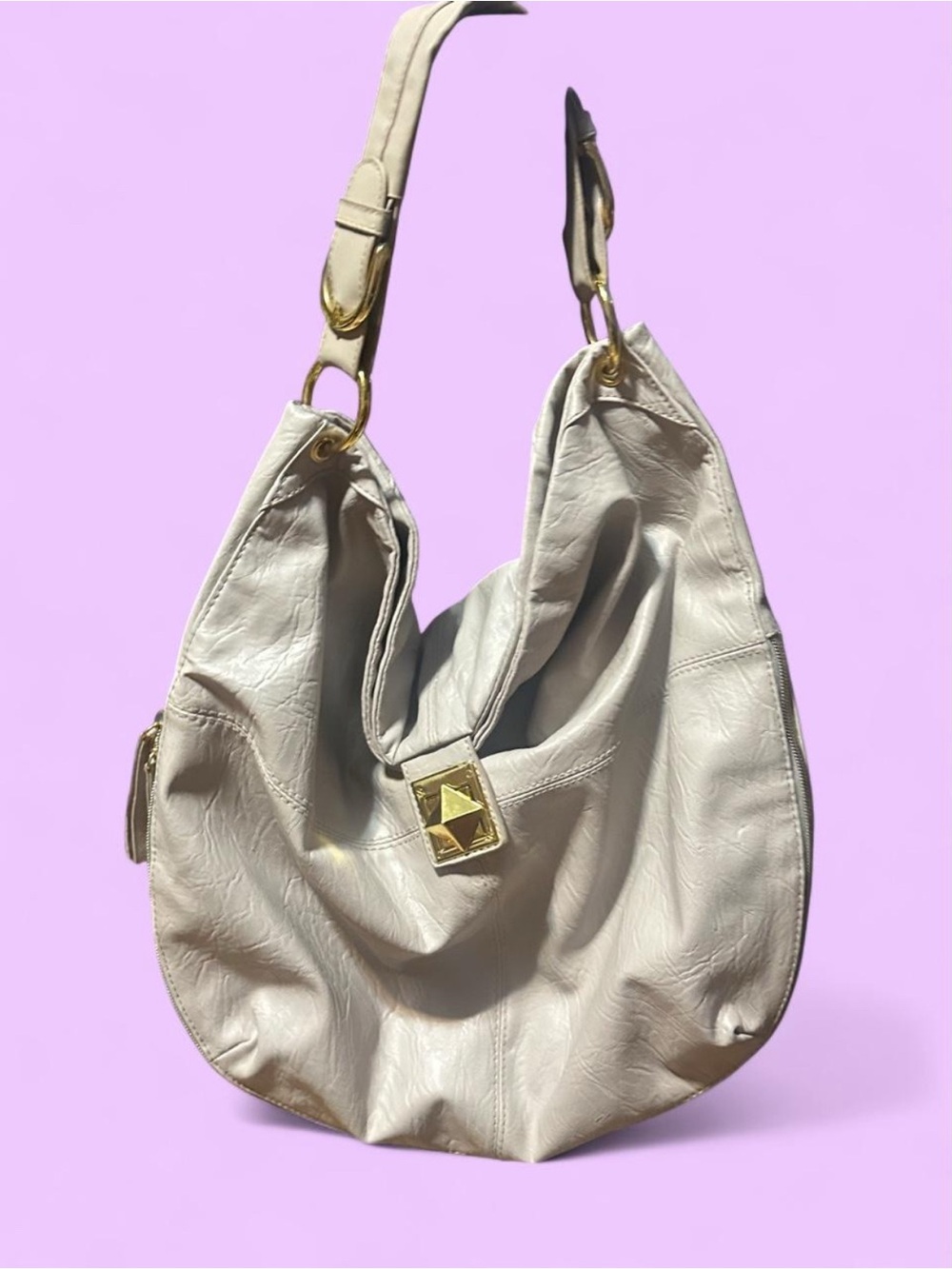Vintage Y2K 2000s western indie boho faux leather hobo bag cream with gold